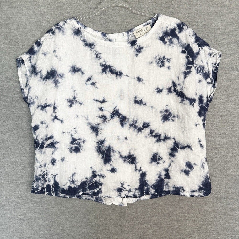 Rachel Zoe Womens 100% Linen Top Sz Medium Blue Tie Dye Lagenlook Shirt Boxy